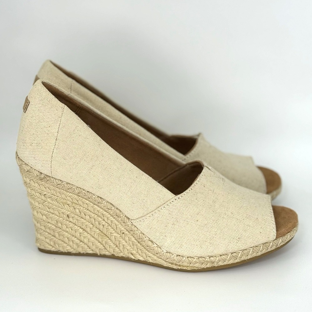 TOMS Canvas Espadrille Wedge Heels Women's 9.5 Open Toe Natural Jute Sole